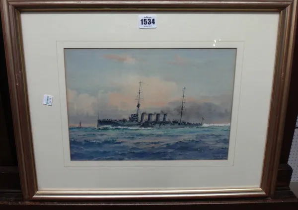 Frank Watson Wood (1862-1953), British Warship, watercolour, signed, 22.5cm x 32cm. DDS