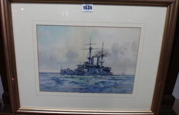 Frank Watson Wood (1862-1953), British Warship, watercolour, signed and dated 1905, 22.5cm x 32cm. DDS