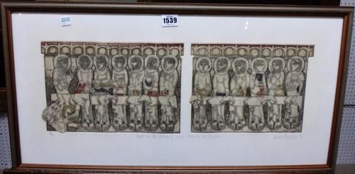 Valerie Thornton (1931-1991), Feast in the House of Simon, Neuilly en Doujon; Moissoc; Santo Domingo de Silas; three colour etchings with aquatint, al