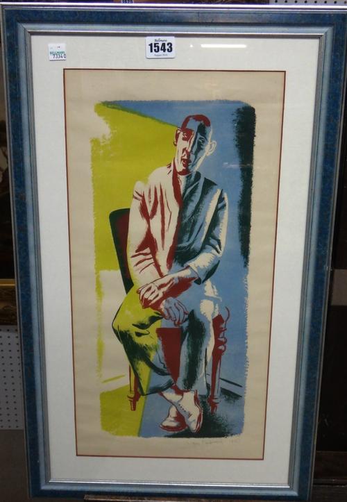 Hans Feibusch (1898-1998), Seated man, colour lithograph, signed and dated '42, 49cm x 24cm. DDS