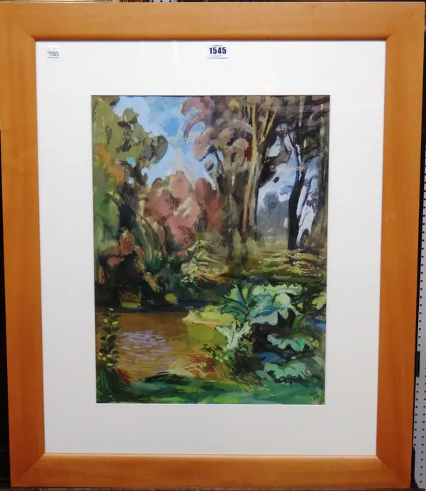 Hans Feibusch (1898-1998), Wooded scene, gouache, signed with initials and dated '85, 49cm x 36cm. DDS