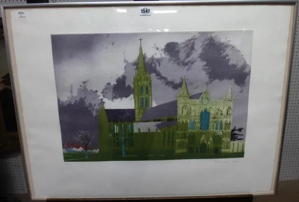 Patrick Procktor (1936-2003), Salisbury Cathedral, colour aquatint, signed and numbered 38/150, 40cm x 58cm. DDS