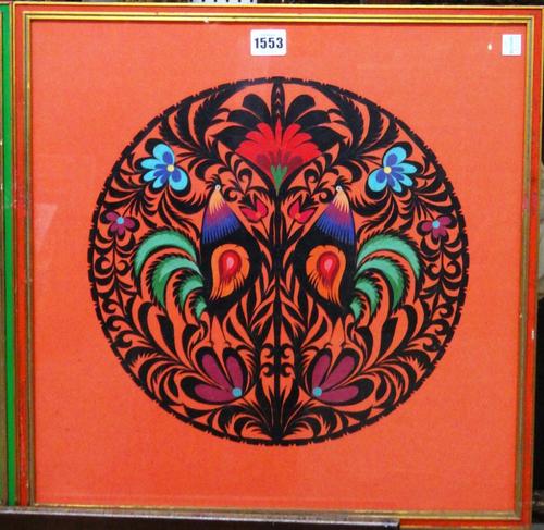 Manner of Scottie Wilson, Cockerels and other birds, a pair of circular paper cut outs, each 34cm diam; together with eight further similar smaller cu