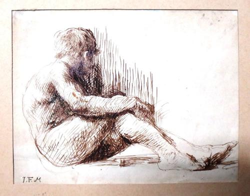 Follower of Jean Francois Millet, Seated boy, pen and ink, bears initials, unframed, 16.5cm x 21cm.