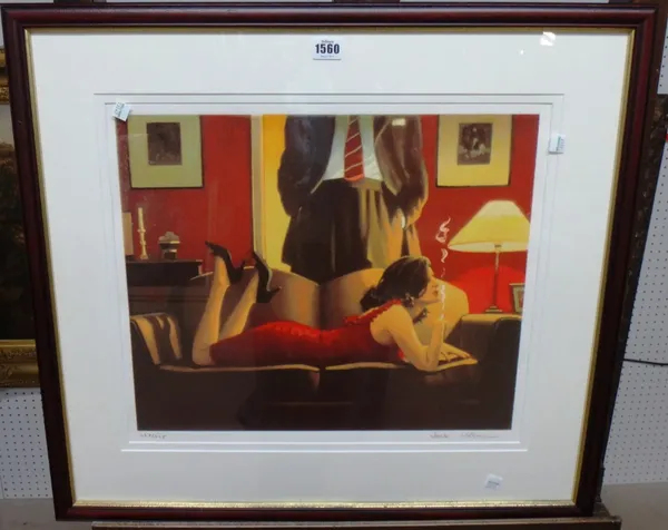 Jack Vettriano (b.1951), Woman smoking in an interior, colour screenprint, signed and numbered 228/295, 42cm x 49cm. DDS