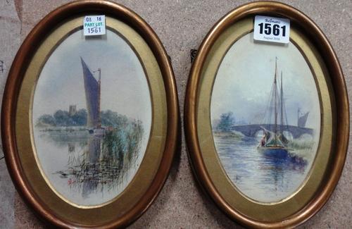 Stephen John Batchelder (1849-1932), Broads scenes, two, watercolour oval, both signed with monogram, each 15cm x 9cm.(2)