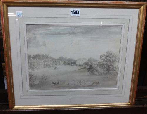 Anthony Devis (1729-1817), Cattle Grazing in the park of a Country House, pen and grey wash, 22.5cm x 31.5cm.; Together with a view of a castle by the
