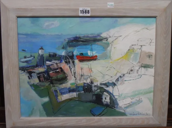 Clifford Fishwick (1923-1997), Small Harbour, oil on board, signed and dated '90, 29cm x 39.5cm. DDS