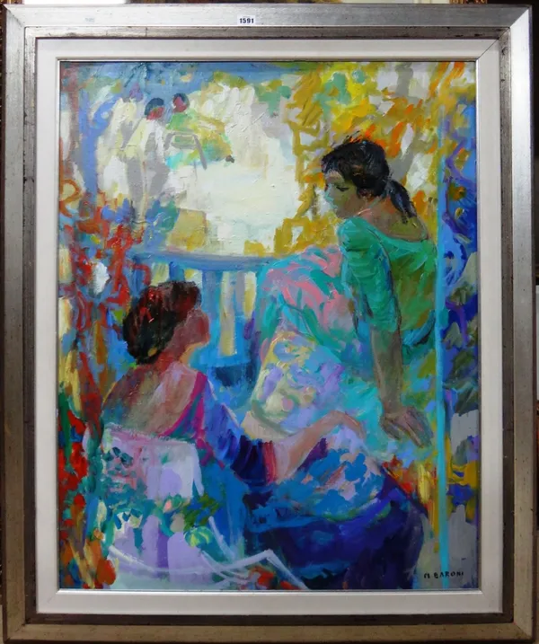 Monique Angele Baroni (b.1930), Sur le Balcon, oil on canvas, signed, 91cm x 72cm. DDS
