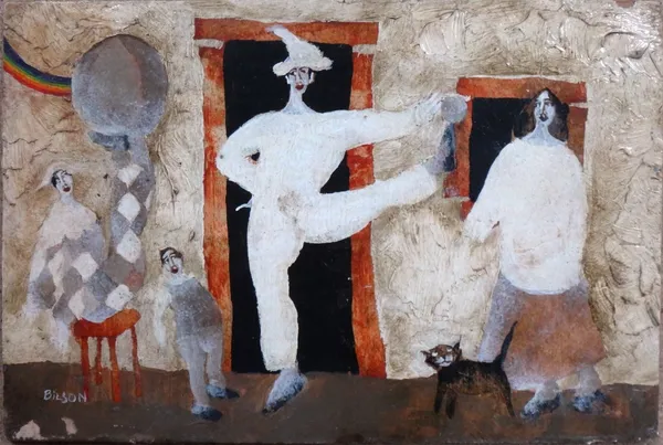 Harry Bilson (b.1948), Harlequin with figures and cat, oil on board, signed, unframed, 15.5cm x 23cm. DDS