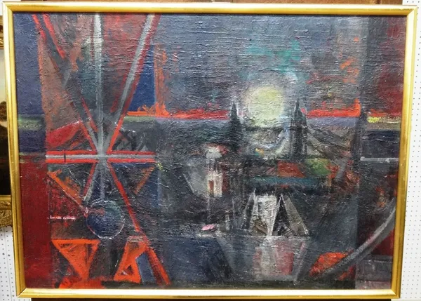 British School (20th century), Composition: Union Jack and Tower Bridge, oil on canvas, 50cm x 67cm.