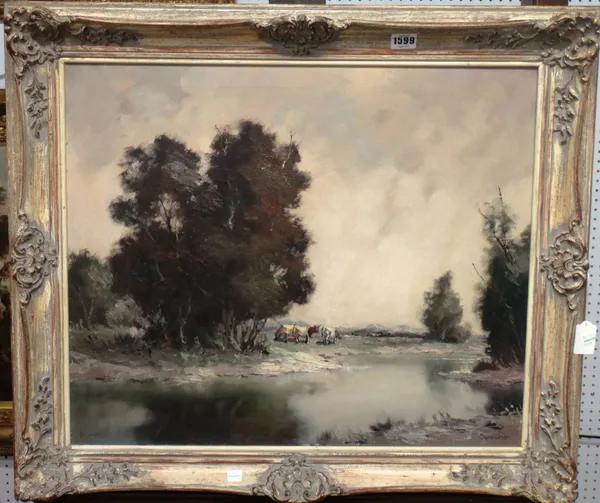 Specht (20th century), Cattle grazing in a river landscape, oil on canvas, signed, 49cm x 59cm.