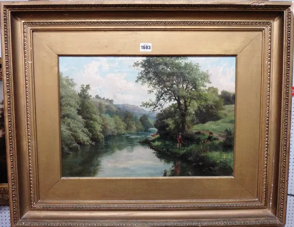 G. C. (19th/20th century), Wooded river scene with anglers, oil on canvas, signed with initials and dated 1884, 34cm x 49cm.