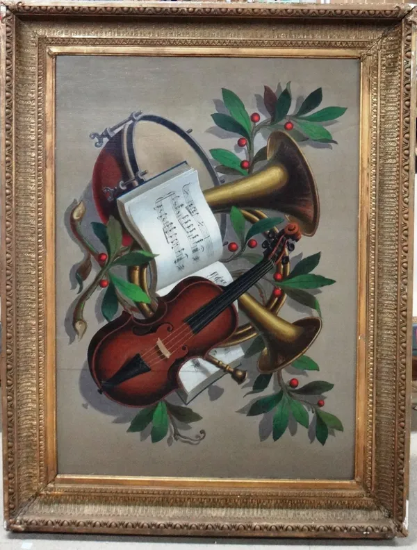 Continental School (early 20th century), A Trompe l'Oeil of musical instruments, oil on board, 82cm x 58.5cm.