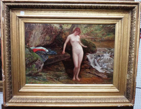 Edgar Barclay (1842-1913), A bather by a waterfall, oil on canvas, signed and dated 1881, 30cm x 45cm.
