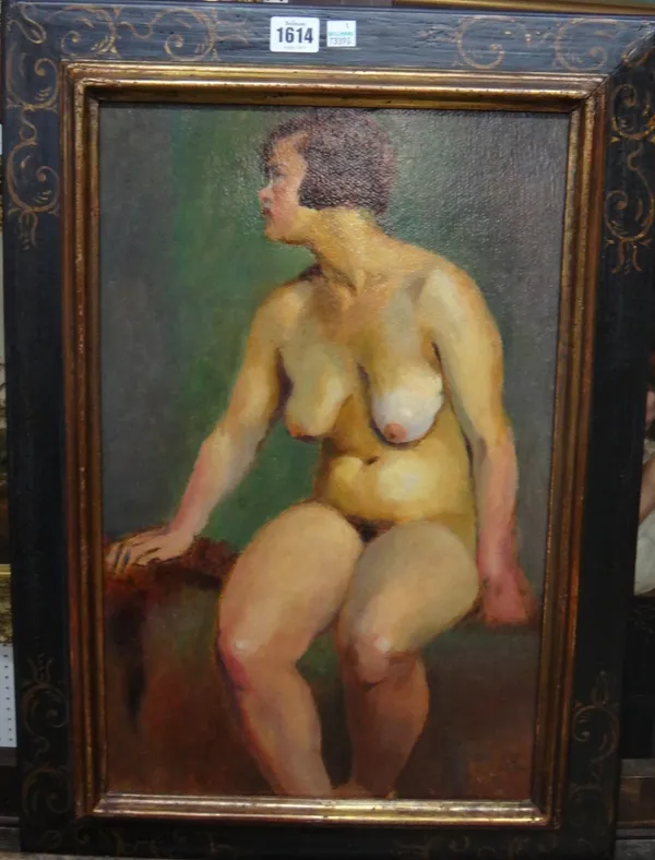 Hungarian School (early 20th century), Seated female nude, oil on board, 49cm x 31cm.