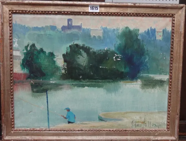 Silvio Polloni (1888-1972), River scene with angler, oil on canvas, signed and dated '66, 36cm x 49cm. DDS