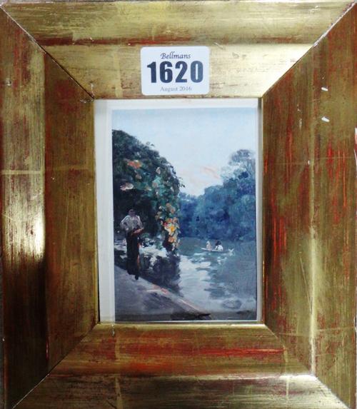 Enrique Atalaya (1851-1913), River views; Street scene, three, oil on paper, two signed and inscribed, each approx 10.5cm x 6.5cm.(3)