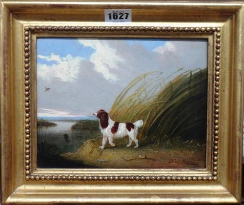 English School (19th century), Spaniel in reeds, oil on panel, indistinctly signed and dated 1837, 16cm x 21cm.