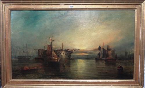 Attributed to Albert Herbert (19th century), An old hulk on the Medway, oil on canvas, bears inscription and date 1861 on reverse, 60cm x 105cm.