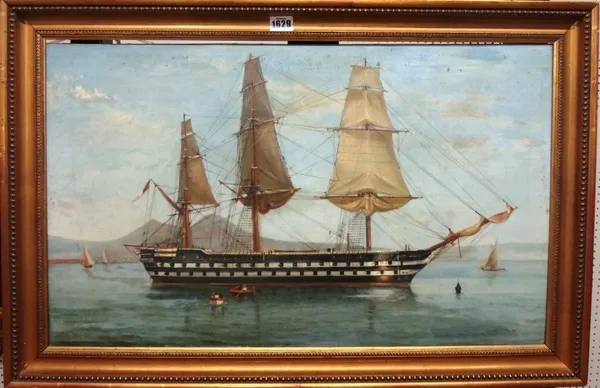 Tommaso de Simone (c.1805-1888), H.M.S. St George in the Bay of Naples, oil on canvas, 42cm x 69cm.  Illustrated