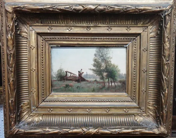 Joseph Francois Villevieille (1826-1916), Boys fishing in a stream from a bridge, oil on panel, signed, 12cm x 20cm.