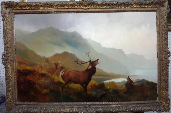 Follower of Sir Edwin Landseer, Baying stags in a Highland landscape, oil on canvas, 70cm x 11cm.  Illustrated