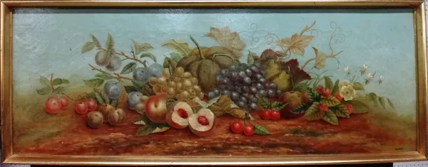 Follower of George Clare, Still life of fruit, oil on canvas, bears a signature, 28cm x 76.5cm.