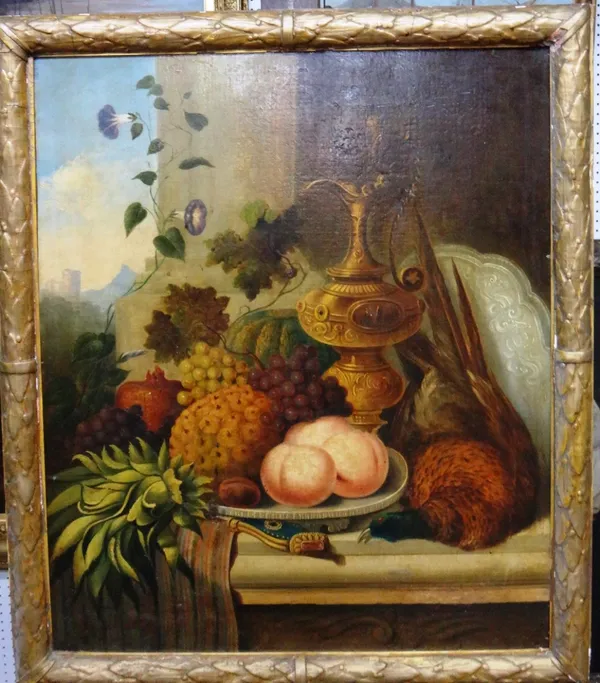 Follower of Edward Ladell, Still life of fruit, ewer, pheasant and convolvulus, oil on canvas, 75cm x 62.5cm.