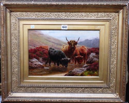 William Watson (1831-1921), Highland cattle at the stream, oil on canvas, signed and dated 1874, 25cm x 37cm.  Illustrated