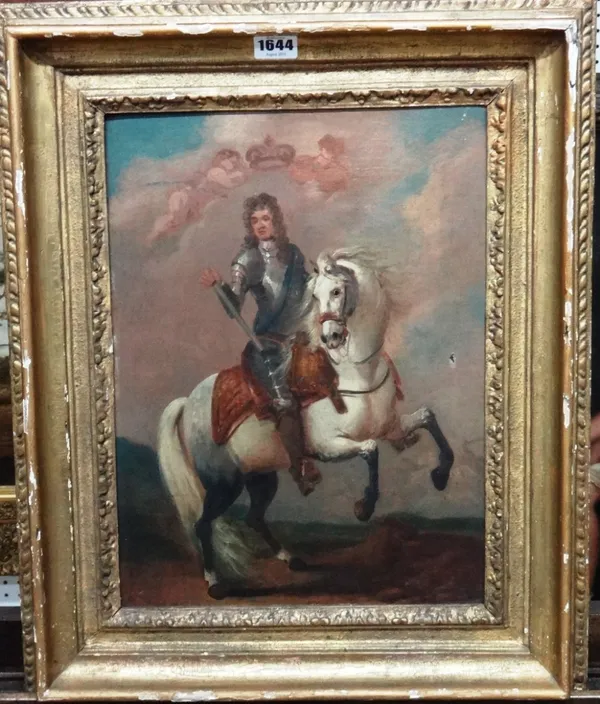 Follower of Sir Godfrey Kneller, Equestrian portrait of King Charles II, oil on canvas, 39cm x 28cm.  Illustrated