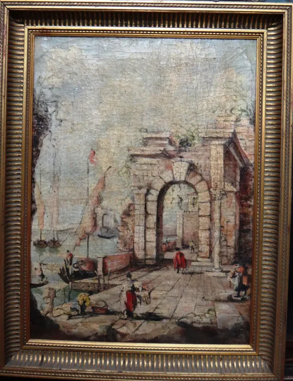 Manner of Francesco Guardi, Figures on a harbourside beneath a ruined arch, oil on canvas, 54.5cm x 39cm.