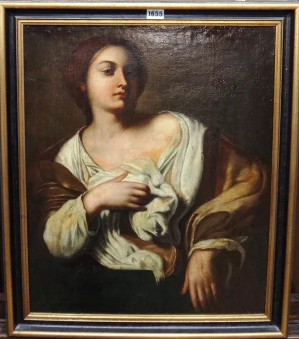 Italian School (19th century), A woman clasping her robes, oil on canvas, 57cm x 46cm.