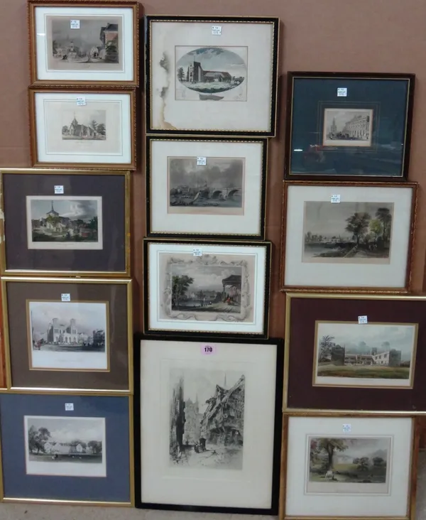 A small group of assorted prints and engravings, including views of Thames Ditton, Kingston, Epsom, Llanhydrock House and others.(qty)