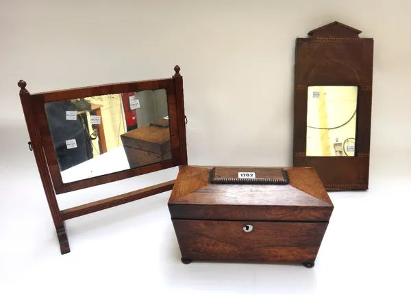 A Regency rosewood sarcophagus tea caddy, 28cm wide, an inlaid mahogany wall mirror, 20cm wide x 44cm high and a 19th century mahogany skeleton toilet