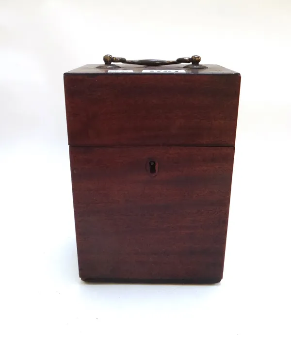 A small early 19th century decanter box with four section interior, 13cm wide, together with a George III elm wall mounted candle box, 16cm wide and a