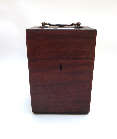 A small early 19th century decanter box with four section interior, 13cm wide, together with a George III elm wall mounted candle box, 16cm wide and a