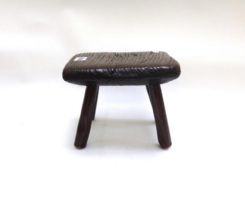 A late 18th/early 19th century small elm and ash stool, 21cm wide, a small 19th century shaped stool, 12cm wide and a 19th century deep cut gilt pictu