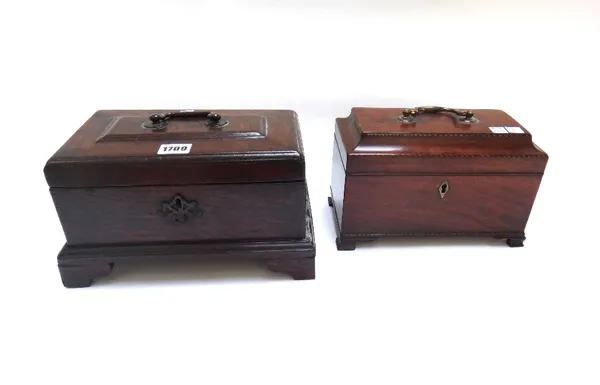 An 18th century oak rectangular three division tea caddy, on bracket feet, 28cm wide, together with a similar inlaid mahogany example on ogee bracket