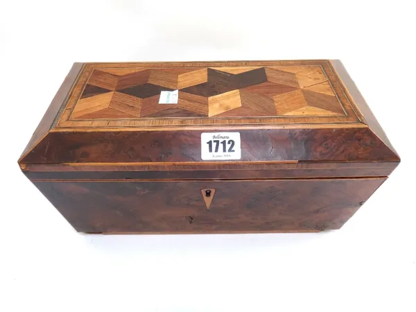 An early 19th century yew wood specimen deceptive cube parquetry inlaid tea caddy of sarcophagus form, 31cm wide, together with an early 19th century