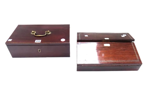 A 19th century rectangular mahogany box, with lift out tray interior, 36cm wide, together with a 19th century mother of pearl inlaid rosewood writing