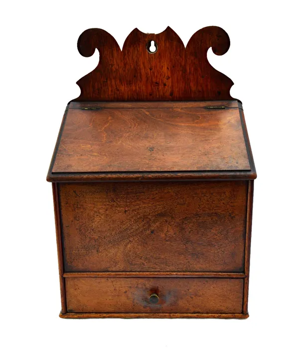 A George III mahogany wall mounted slope front salt box, with single drawer, 24cm x 34cm high, together with a tulipwood banded mahogany slope front t