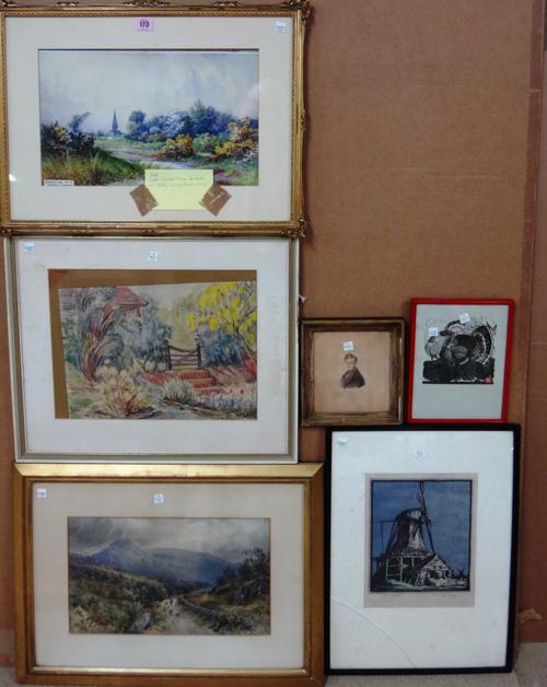 Walter Hayward Young, Sprintime on a Surrey Common, watercolour; together with a further watercolour landscape, a small portrait, two woodcut prints a