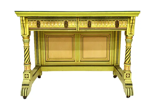 A green painted Gothic Revival side table, with pair of frieze drawers on turned supports, united by panel back board, 107cm wide.  Illustrated
