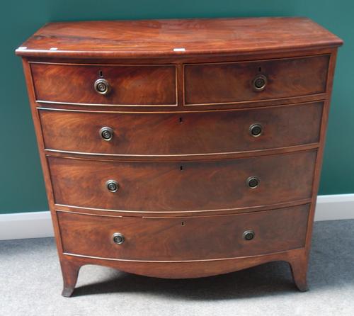 A Regency mahogany bow front chest of two short and three long graduated drawers, on splayed bracket feet, 106cm wide.