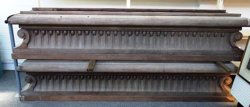 A pair of massive Regency design oak and mahogany rectangular planters, with swept egg and dart sides and scroll short ends, 260cm wide x 53cm deep, (