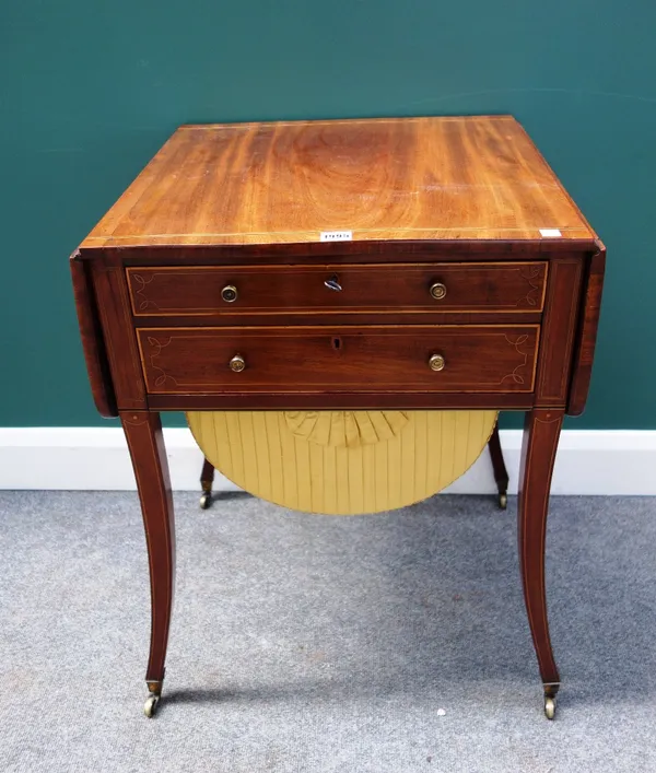 A George III inlaid mahogany writing/work table, the drop flap top with a pair of frieze drawers, one with fitted writing interior, over a pull-out wo