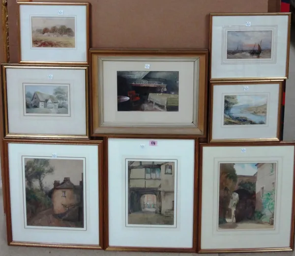 A group of eight assorted watercolours, including landscapes, a seascape, an interior and views of buildings.(8)