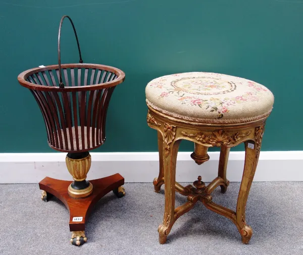 A late 19th century gilt framed circular height adjustable stool on four cabriole supports, 40cm wide, together with a Regency style parcel gilt mahog