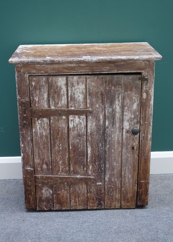 A late 19th century distressed painted single door cupboard, 70cm wide, together with a faux oak scumble painted tapering oak four tier stand, with ch